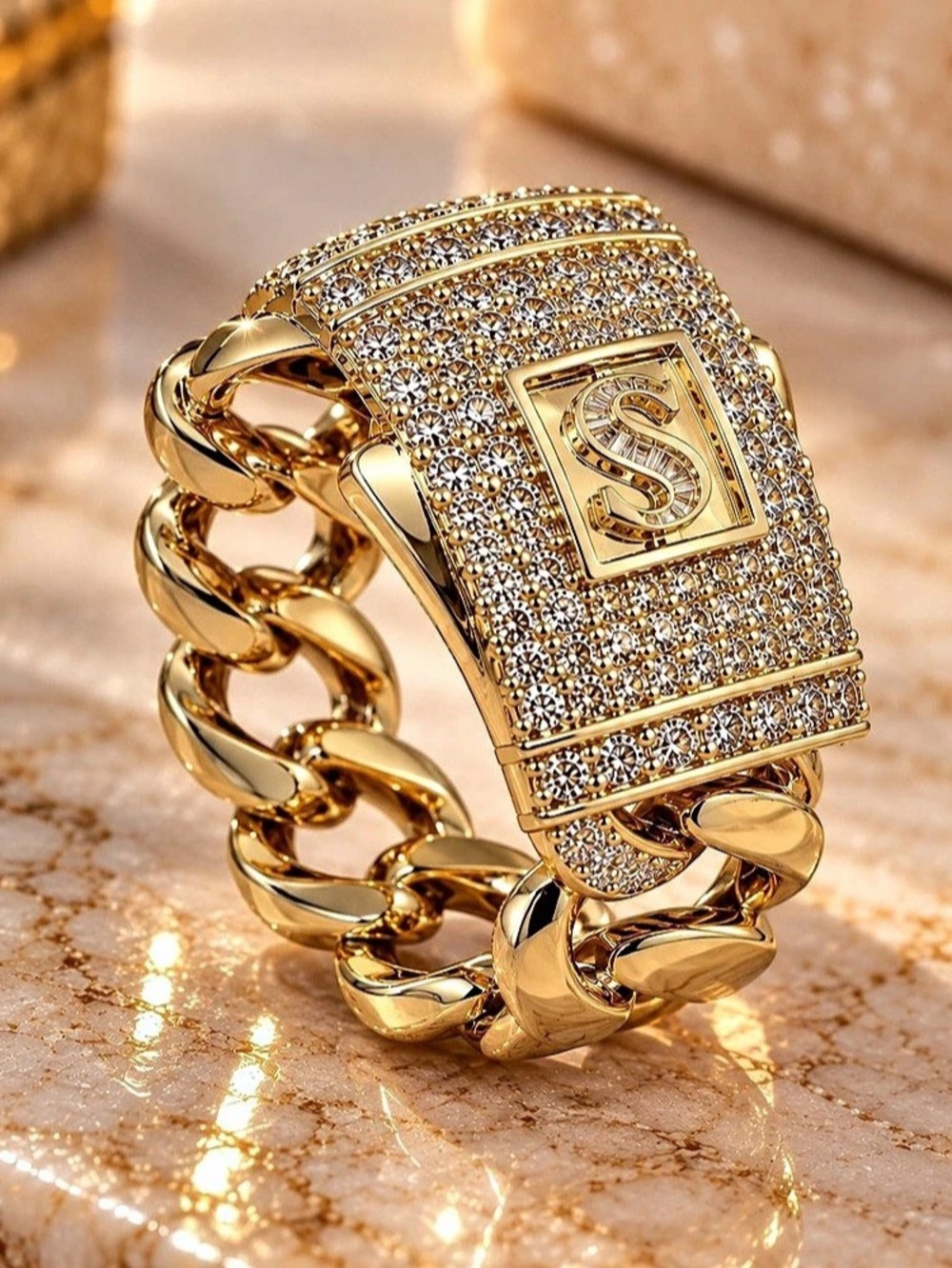 14K Gold Filled Pavé Cuban Chain Link Ring. Size 9